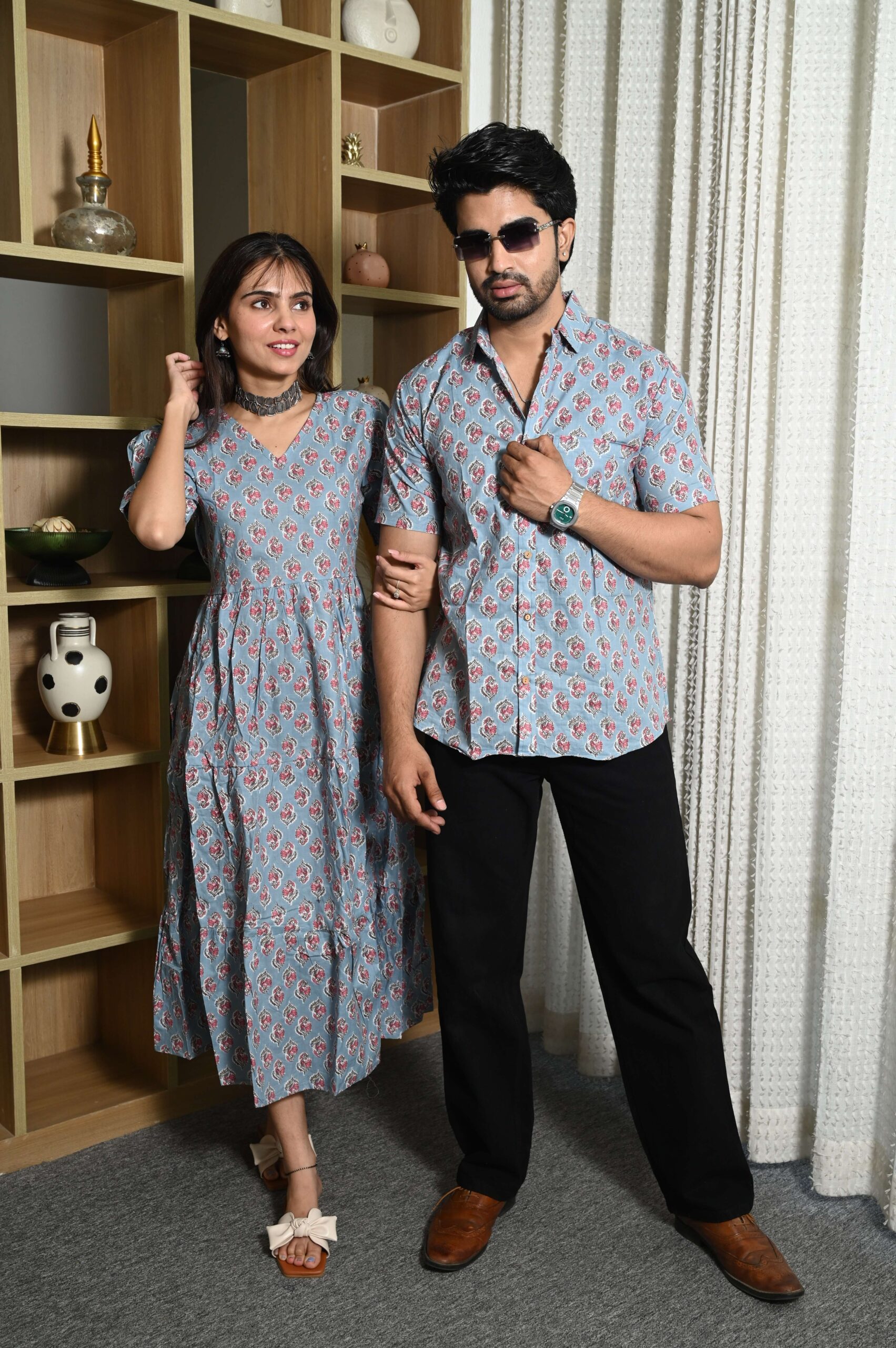 Couple Matching Sky Blue Cotton Anarkali Midi Dress and Shirt Set ? Pink Floral Print - Image 4