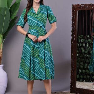 Women's eal Green Striped Cotton Midi Shirt Dress