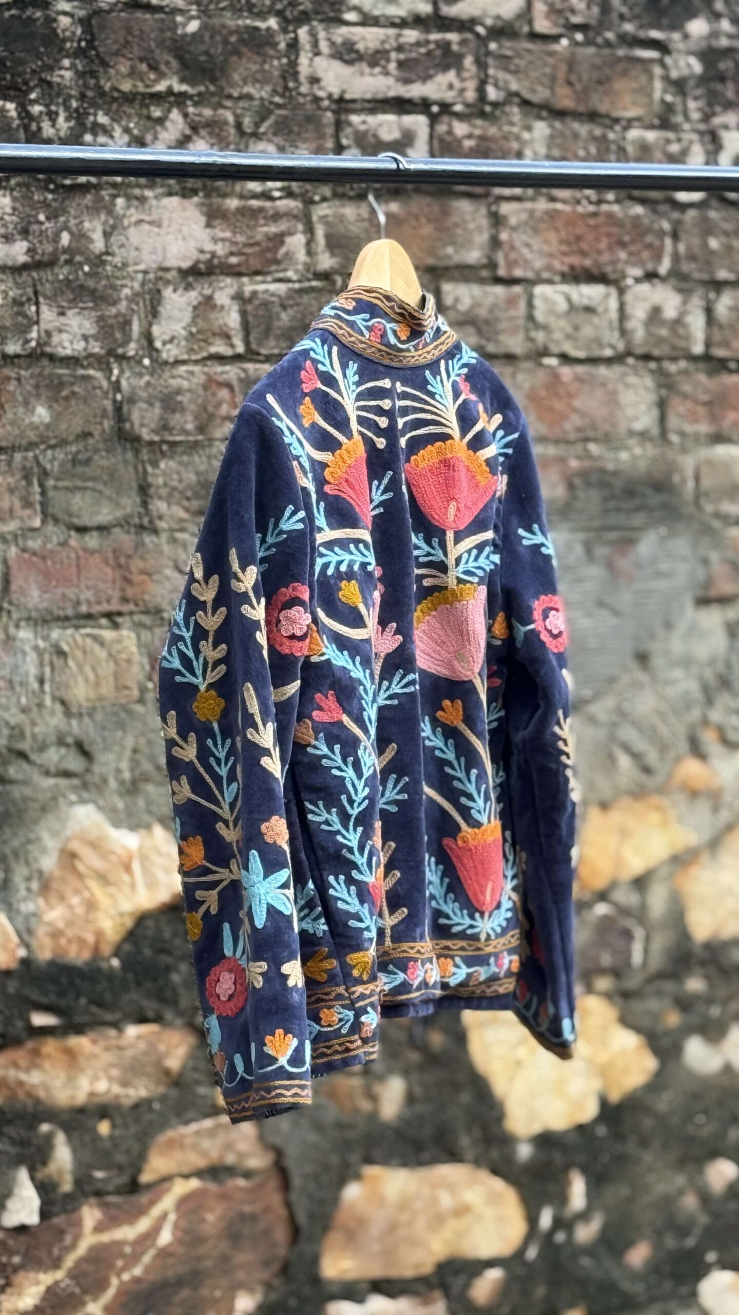 Womens Navy Blue Velvet Embroidered Jacket with Floral Design - Image 4