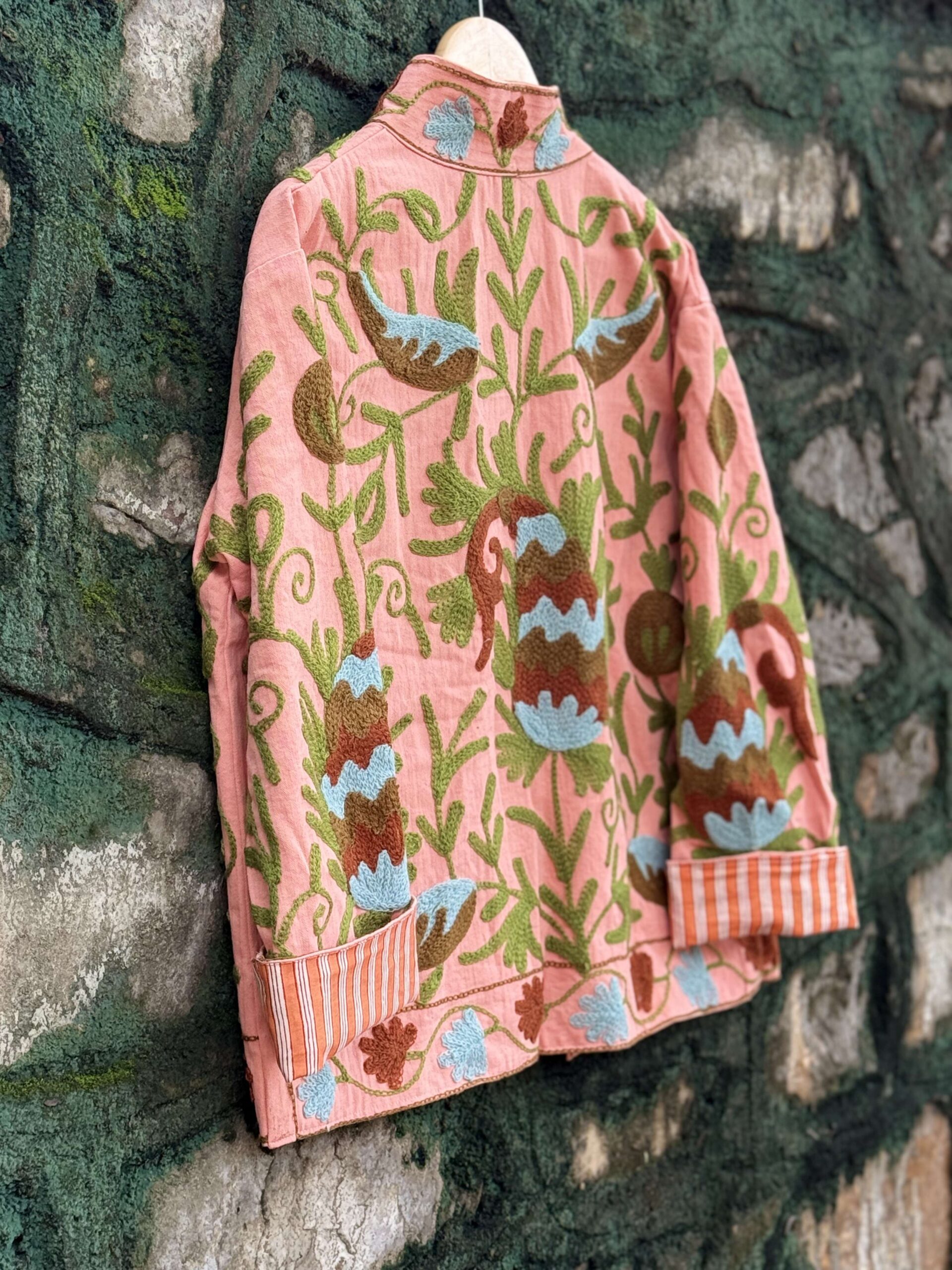 Womens Light Pink Velvet Embroidered Jacket with Floral Design - Image 3